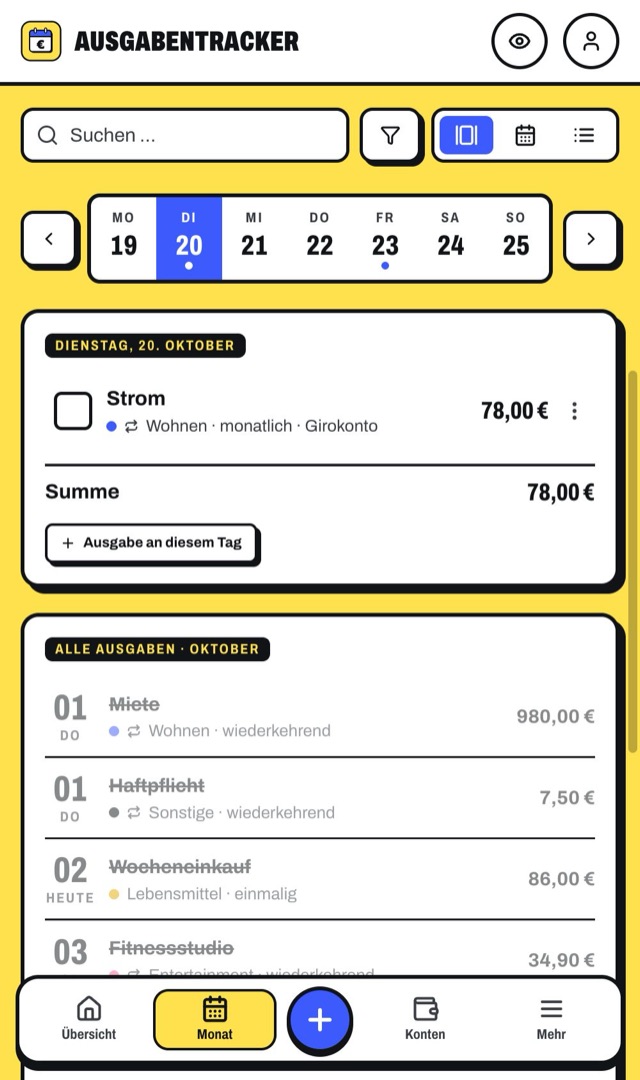 Monatsansicht auf dem Handy mit Wochenleiste und offener Abbuchung
