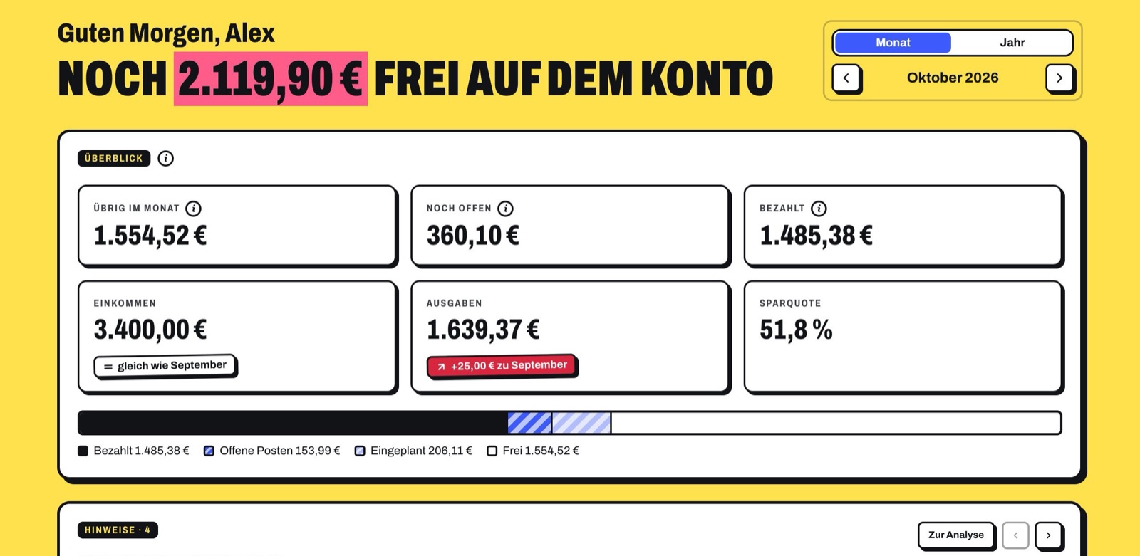 Übersicht der App: noch frei auf dem Konto, übrig im Monat, noch offen, bezahlt